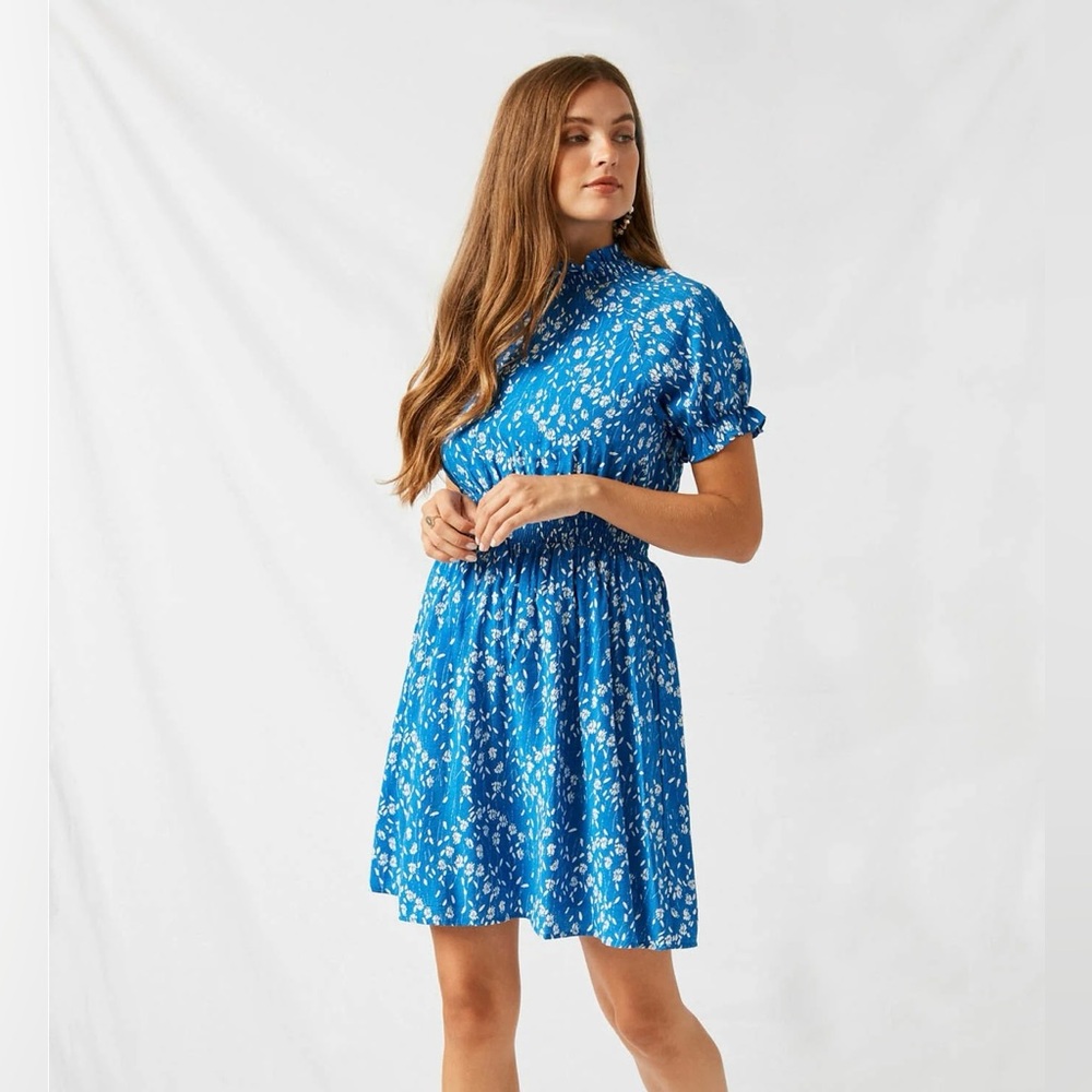 Hayden Dress Blue Floral Mock Neck Smocked A-Line Linen Blend Small Boho Cottage